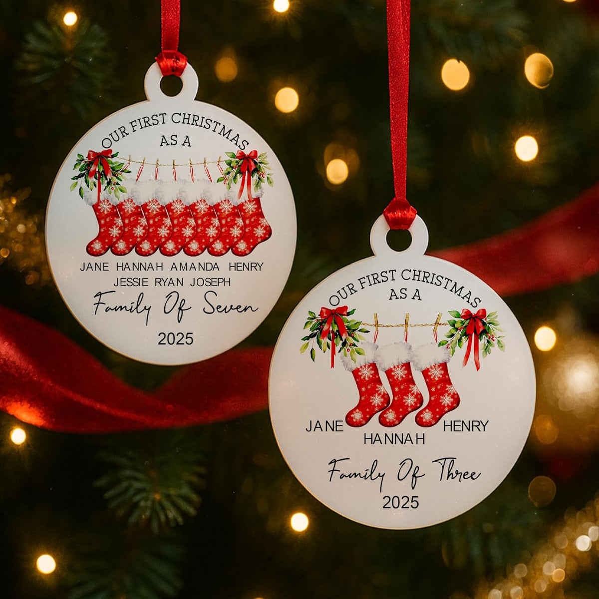 Personalized First Christmas Family Ornament 2025 with Custom Names & Stockings - Acrylic Tree Decoration for Couples or Families of 2 to 7 - Holiday Keepsake Gift for New Parents, Baby, Home Decor