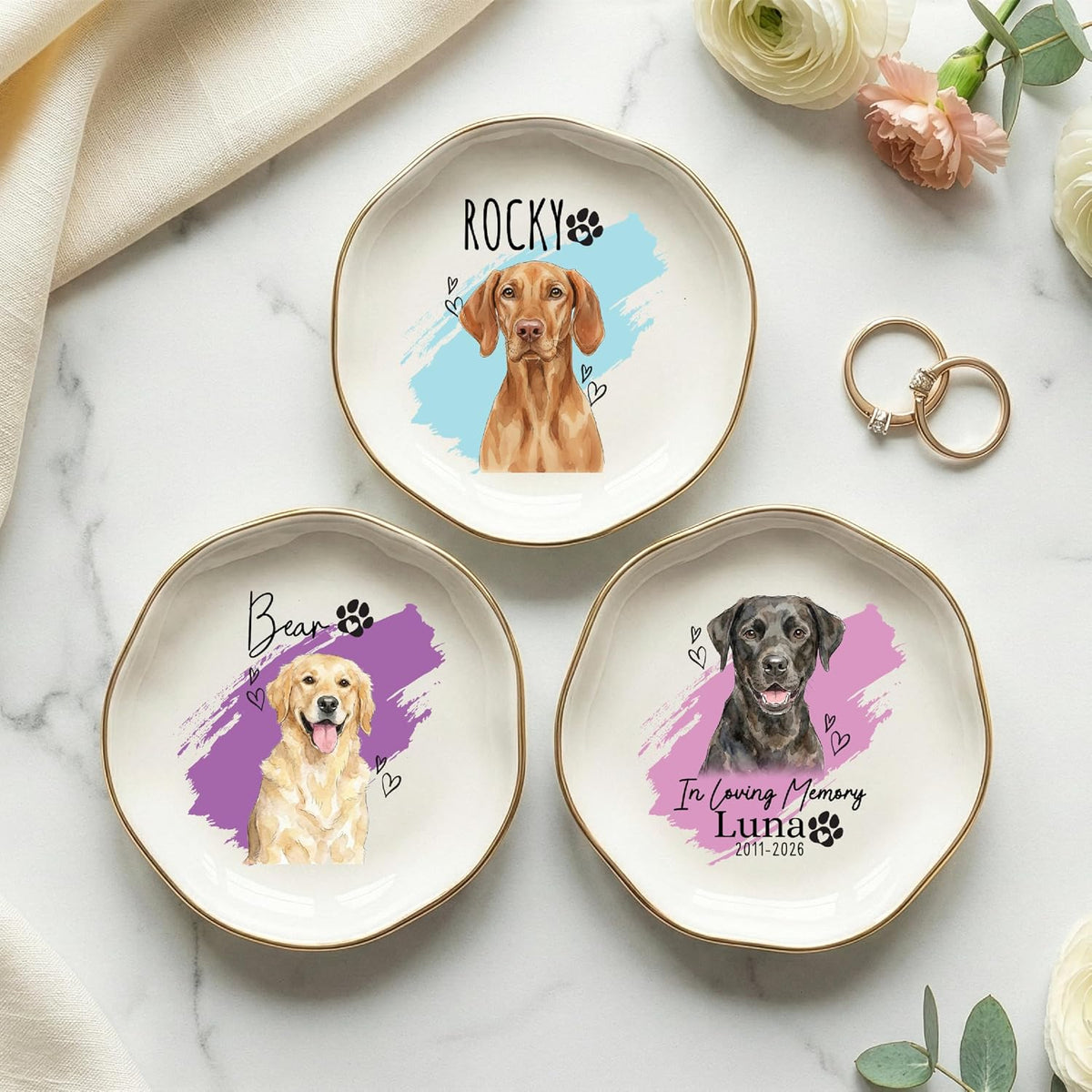 Personalized Pet Ring Dish Ceramic Jewelry Tray Trinket Dish, Custom Dog or Cat Watercolor Portrait with Name, Paw Print Hearts Design, Memorial Option, Valentine’s Day Gift for Dog Mom Cat Dad