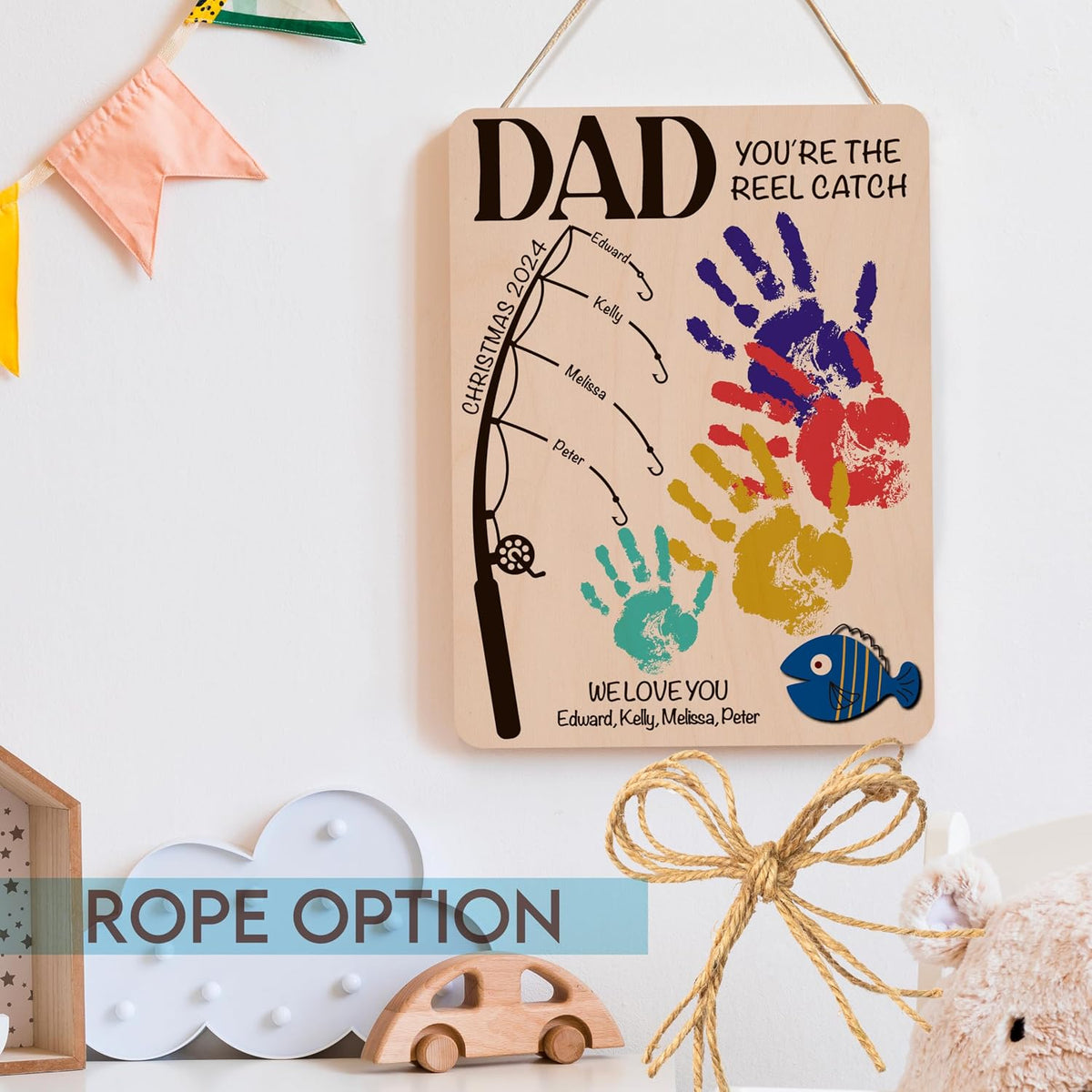 Personalized Fishing Handprint Wood Sign with Names, Custom Dad Gift