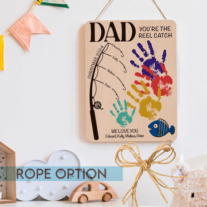 Personalized Fishing Handprint Wood Sign with Names, Custom Dad Gift