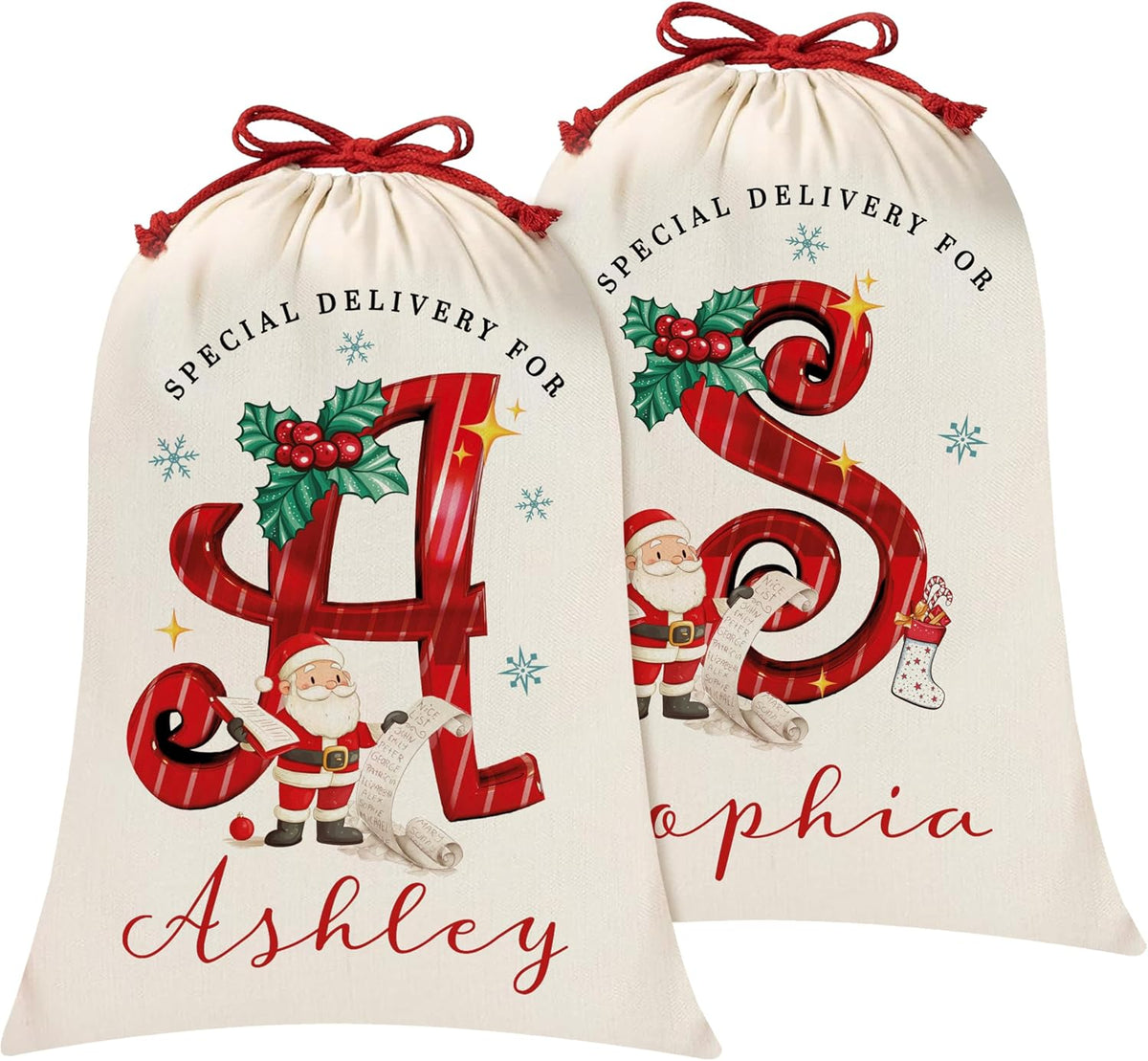 Personalized Christmas Santa Sack with Name, Custom Monogram Holiday Pouch