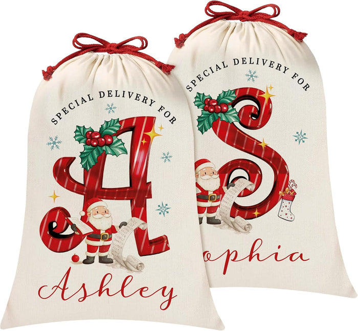Personalized Christmas Santa Sack with Name, Custom Monogram Holiday Pouch