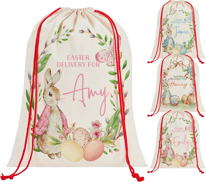 Personalized Easter Bunny Bag with Name, Custom Drawstring Sack