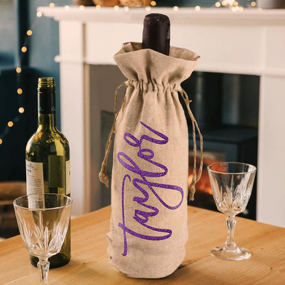 Personalized Burlap Wine Bag with Name, Custom Drawstring Bottle Gift Bag