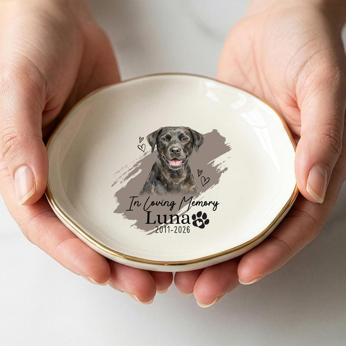 Personalized Pet Ring Dish Ceramic Jewelry Tray Trinket Dish, Custom Dog or Cat Watercolor Portrait with Name, Paw Print Hearts Design, Memorial Option, Valentine’s Day Gift for Dog Mom Cat Dad