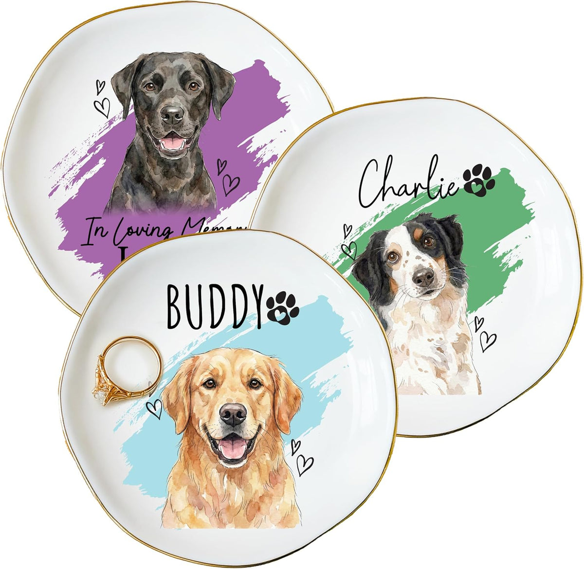 Personalized Pet Ring Dish Ceramic Jewelry Tray Trinket Dish, Custom Dog or Cat Watercolor Portrait with Name, Paw Print Hearts Design, Memorial Option, Valentine’s Day Gift for Dog Mom Cat Dad