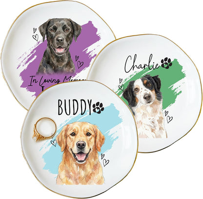 Personalized Pet Ring Dish Ceramic Jewelry Tray Trinket Dish, Custom Dog or Cat Watercolor Portrait with Name, Paw Print Hearts Design, Memorial Option, Valentine’s Day Gift for Dog Mom Cat Dad