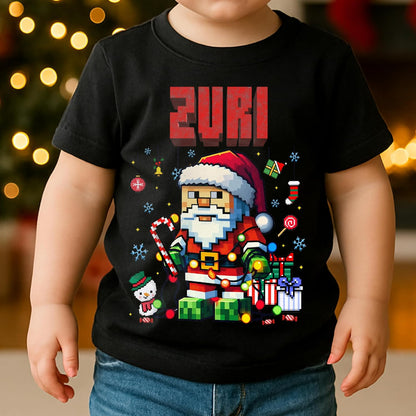 Personalized Santa Christmas T-Shirt for Kids & Toddlers - Custom Name Pixel Art Holiday Shirt - Unisex Cotton Tee for Boys & Girls - Cute Xmas Gift for Family, Grandkids, Occasion Wear Black