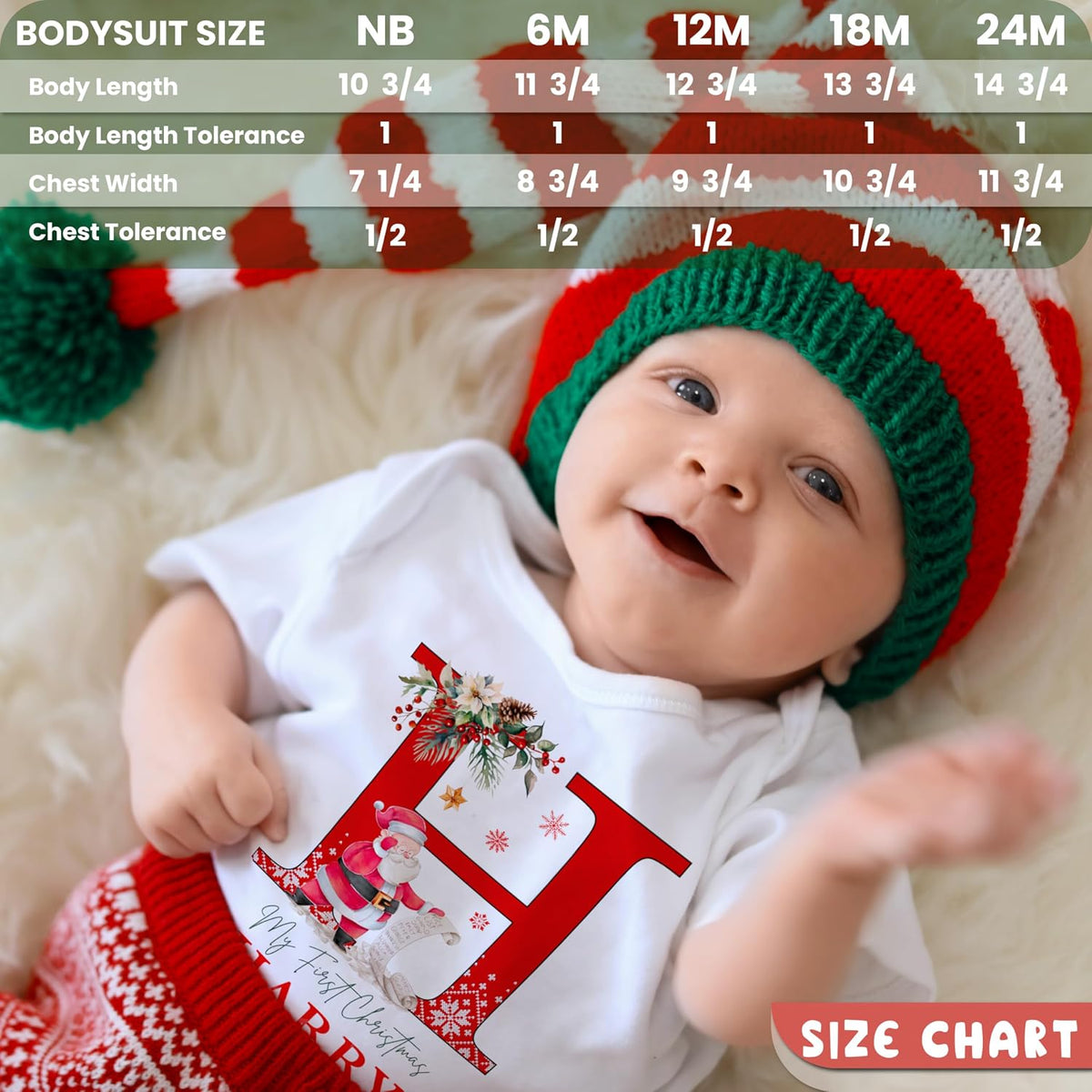 UNIQUE CUSTOM GIFTS Personalized Christmas Initial Santa Baby Onesie, Customized My Firsy Xmas Monogrammed Babys Bodysuit with Name