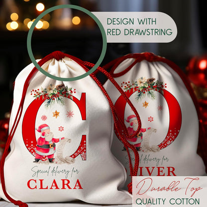 Custom Initial Christmas Santa Sack, Monogrammed Xmas Gift Pouch Bag