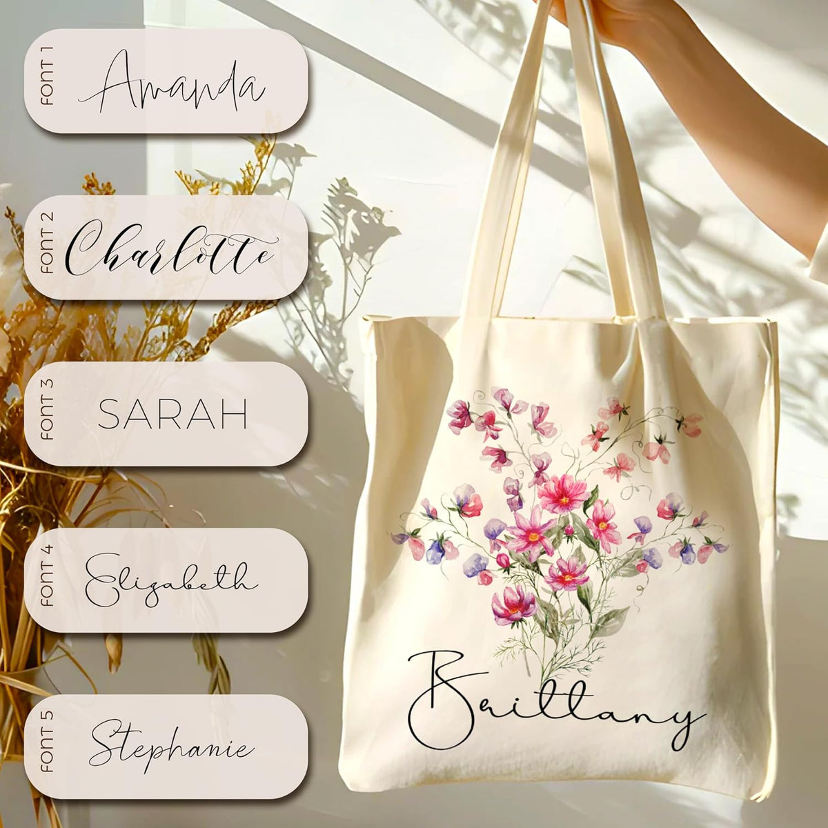 Personalized Floral Tote Bag for Summer, Beach, Birthday, Gift, Shopping and Daily Use - Customized Name Canvas Totes Reusable Bags - Perfect Gifts for Teacher & Bachelorette Party