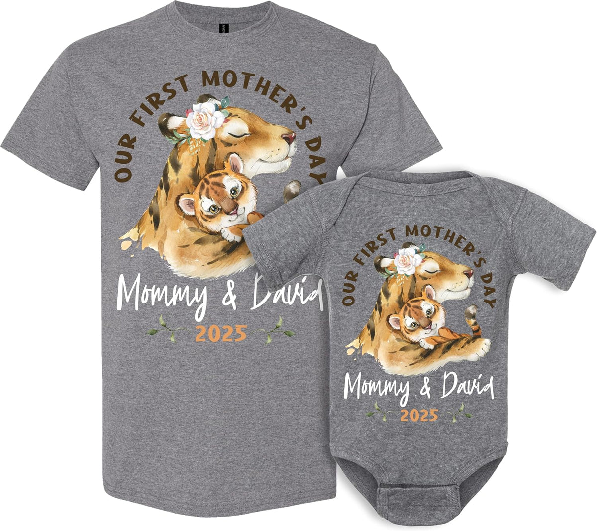 Personalized Our First Mother’s Day Matching Set – Custom Baby Bodysuit & Shirt – Gift for New Mom, Baby Shower, Mother's Day