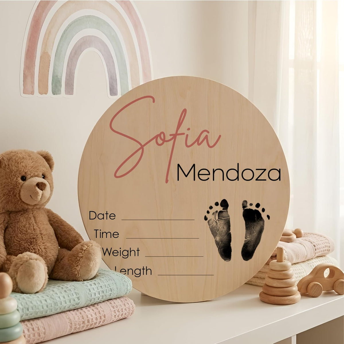 Personalized Baby Name Birth Stats Sign - Custom Wooden Round Keepsake for Newborn with First Footprint Design - Add First Middle Last Name, Date, Time, Weight, Length - Baby Gifts