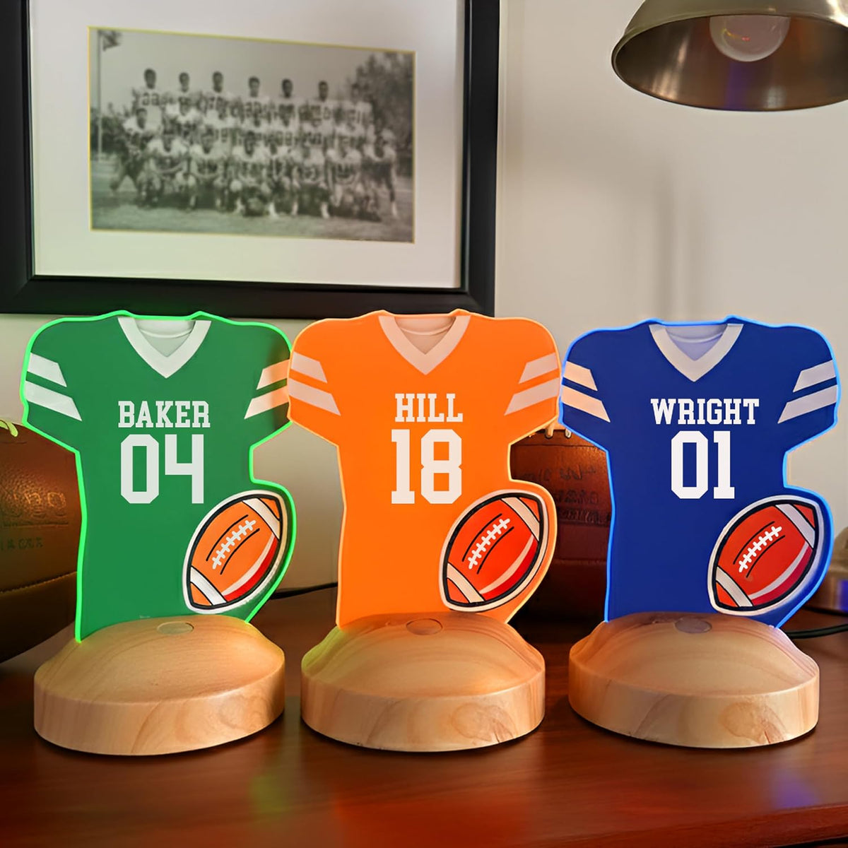Personalized Football Jersey Night Light with Name & Number – Custom Team Uniform Acrylic LED Lamp with Wooden Base – Football Decor Gift for Boys, Kids, Teen Athletes – Room Sports Decoration
