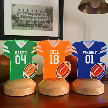 Personalized Football Jersey Night Light with Name & Number – Custom Team Uniform Acrylic LED Lamp with Wooden Base – Football Decor Gift for Boys, Kids, Teen Athletes – Room Sports Decoration
