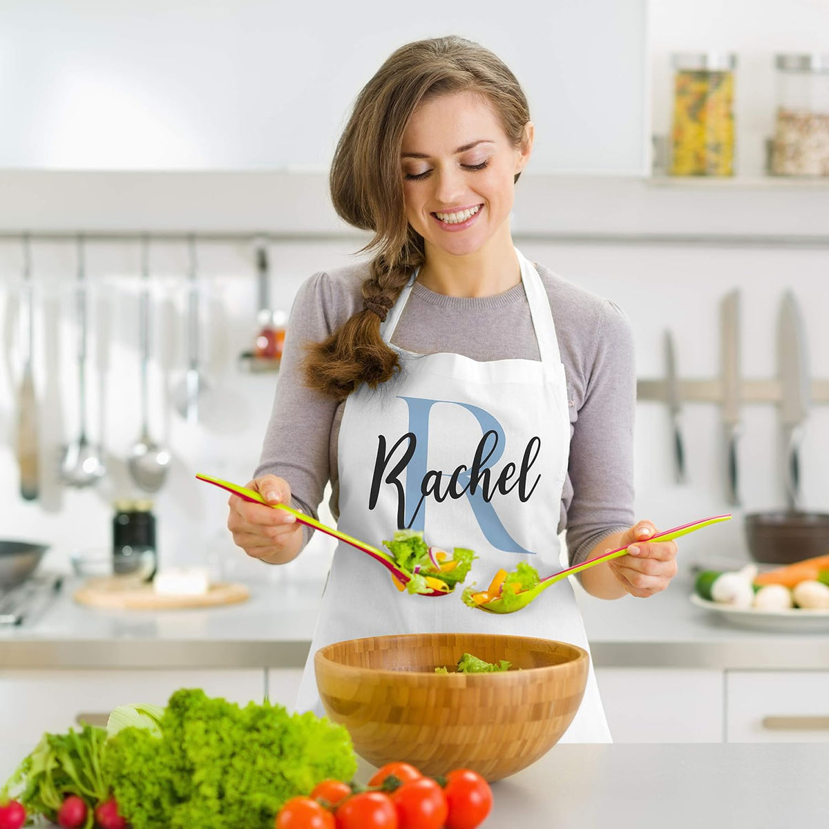 Personalized Initial Apron with Name, Custom Kitchen Cooking Gift for Women