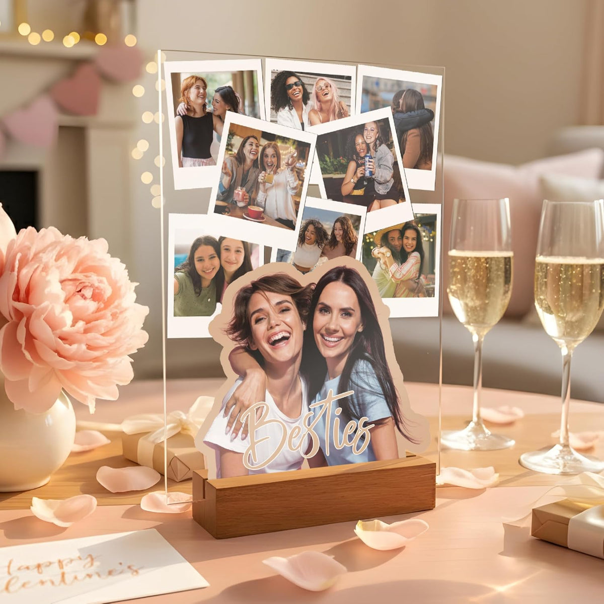 Personalized Besties or Sisters Acrylic Photo Collage Gift with Custom Text & 4–9 Photos – Custom LED or Wood Base Display for Birthday, Friendship, Christmas, Galentine’s Day, Room Decor