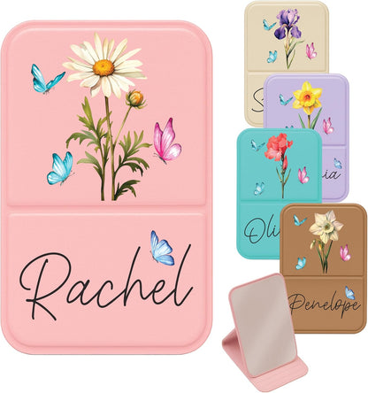 Personalized Birth Month Flower Pocket Mirror with Name - Custom Foldable Compact Travel Mirror for Women Girls – Birthday Gift for Bridesmaids, Best Friends, Mom, Daughter – 5 Colors