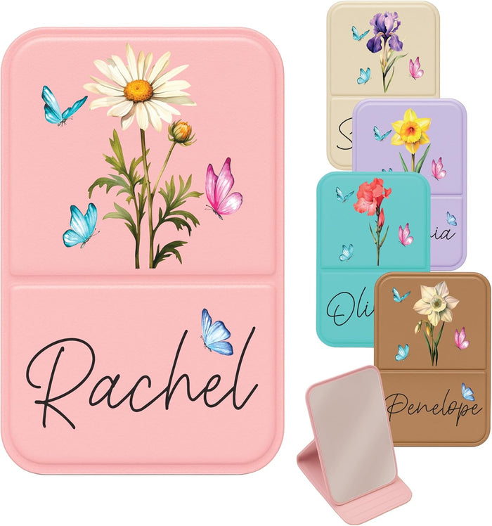 Personalized Birth Month Flower Pocket Mirror with Name - Custom Foldable Compact Travel Mirror for Women Girls – Birthday Gift for Bridesmaids, Best Friends, Mom, Daughter – 5 Colors