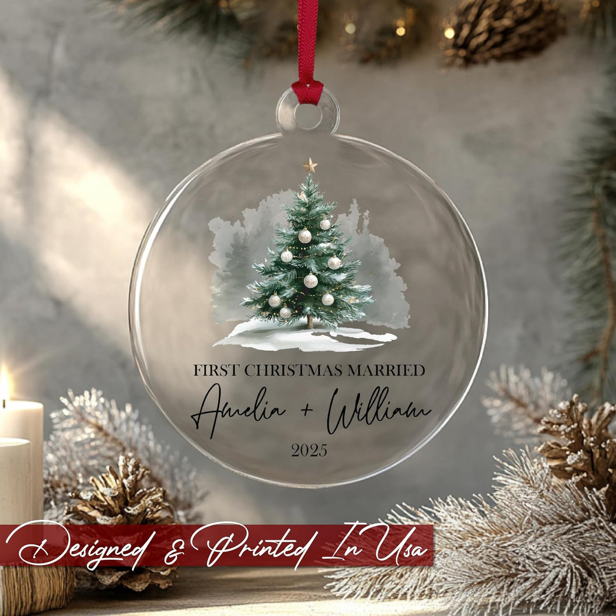 Custom Ceramic Christmas Ornaments with Photo & Names - Personalized First Married Christmas - Unique for Husband & Wife with Picture - Merry Christmas Tree Present