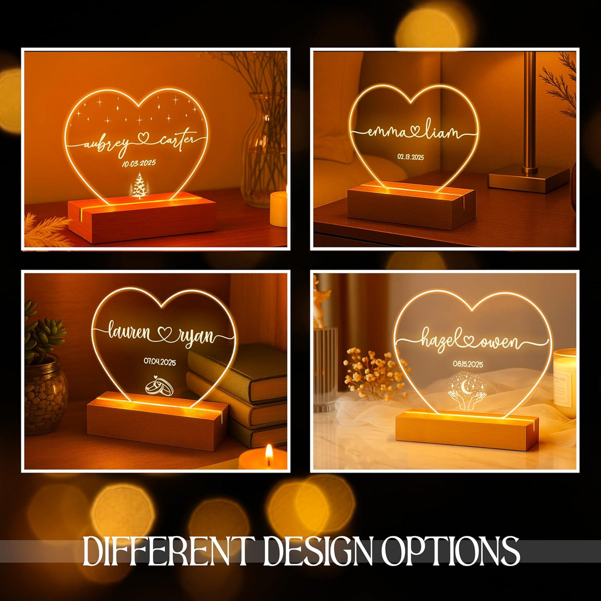 Personalized Heart Night Light with Names, Custom LED Romantic Couple Gift