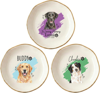 Personalized Pet Ring Dish Ceramic Jewelry Tray Trinket Dish, Custom Dog or Cat Watercolor Portrait with Name, Paw Print Hearts Design, Memorial Option, Valentine’s Day Gift for Dog Mom Cat Dad