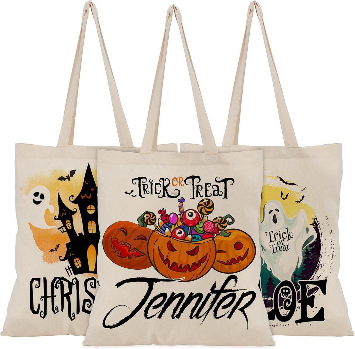 Custom Name Halloween Trick or Treat Canvas Tote Bags - Personalized Reusable 15x16" Gift Bag with Pumpkin, Skeleton, Ghost & Castle - Gift for Halloween Parties