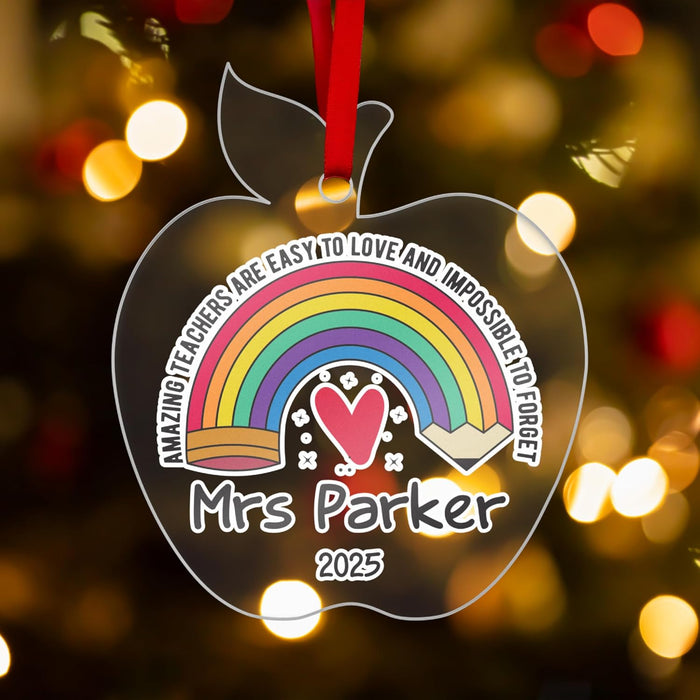 Personalized Teacher Christmas Ornament – Custom Apple Acrylic Tree Decoration with Name & Year – Rainbow Heart Design Holiday Keepsake, Teacher Appreciation Gift, End of Year Classroom Present