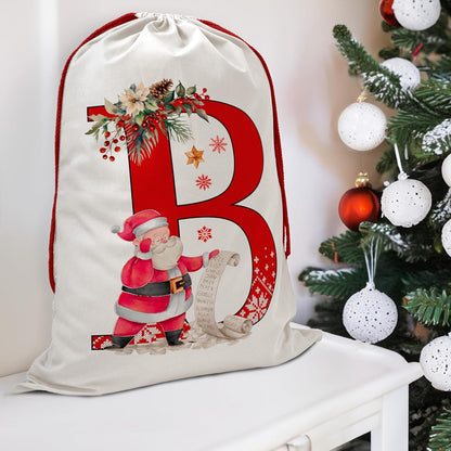 Christmas Gift Santa Sack with Monogram Initials - Holiday Present Bag for Family, Mom & Dad - Pouch for Special Occasions (B)