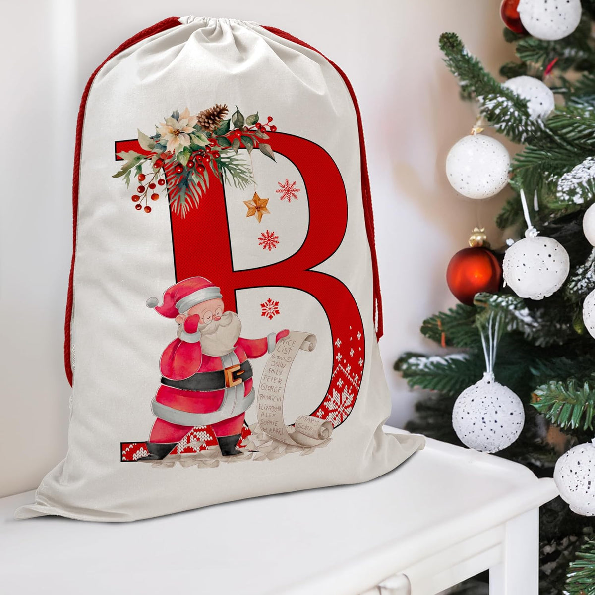 Christmas Gift Santa Sack with Monogram Initials - Holiday Present Bag for Family, Mom & Dad - Pouch for Special Occasions (G)