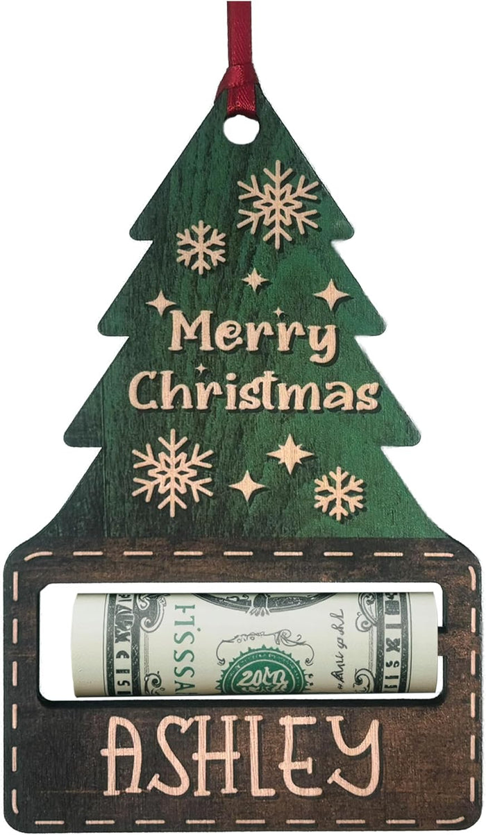 Personalized Wooden Money Holder Christmas Ornament – Custom Santa, Reindeer, Tree, Elf, Gift Box Designs – Holiday Cash Keepsake for Kids, Teens, Adults – Add Name, Xmas Decor