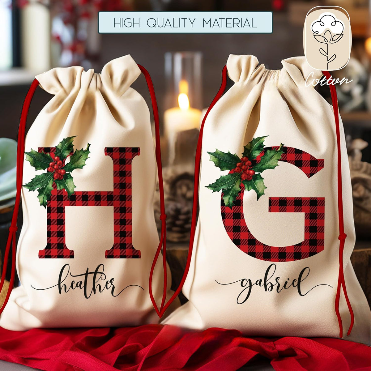Custom Christmas Plaid Initial Santa Sack, Personalized Monogrammed Xmas Drawstring Large Gift Pouch for Holiday Presents