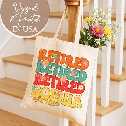 Personalized Retired Tote Bag with Name & Year - Custom Floral Canvas Shoulder Bag Gift for Retired Women, Teachers, Nurses, Coworkers - Retirement Party Favor, Funny Daily Use Bag 15x16 Inch