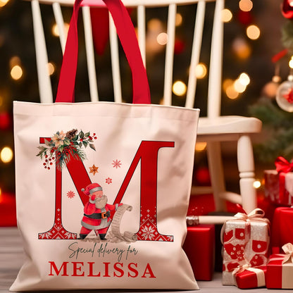 Personalized Initial Christmas Gift Bag, Custom Monogram Holiday Tote Sack