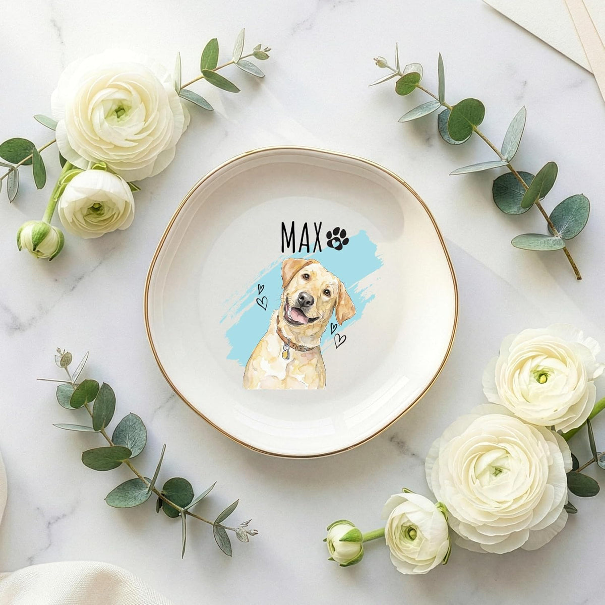 Personalized Pet Ring Dish Ceramic Jewelry Tray Trinket Dish, Custom Dog or Cat Watercolor Portrait with Name, Paw Print Hearts Design, Memorial Option, Valentine’s Day Gift for Dog Mom Cat Dad