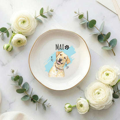Personalized Pet Ring Dish Ceramic Jewelry Tray Trinket Dish, Custom Dog or Cat Watercolor Portrait with Name, Paw Print Hearts Design, Memorial Option, Valentine’s Day Gift for Dog Mom Cat Dad