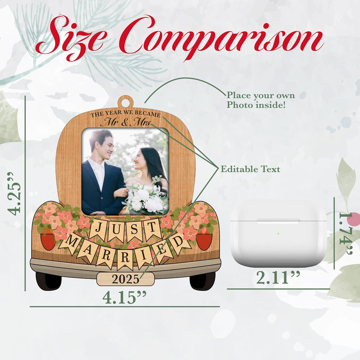 Personalized Just Married Photo Ornament 2026 – Custom Wedding Car Picture Frame Keepsake with Name & Year – Mr & Mrs Newlywed Christmas Tree Decoration – Gift for Couples, Bride, Groom