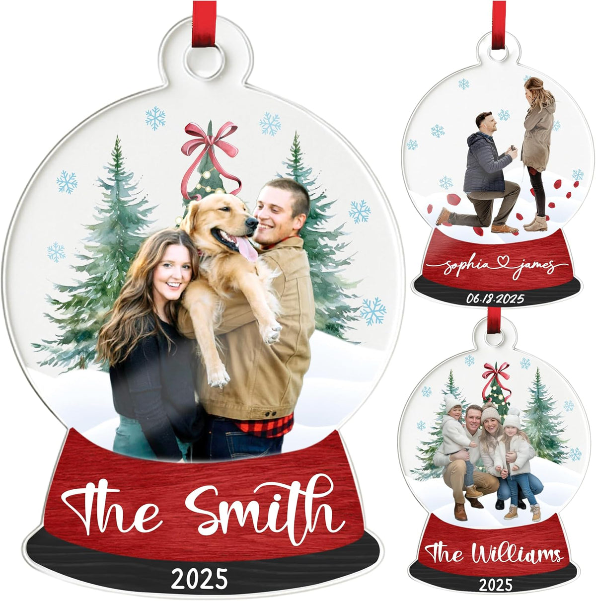 Personalized Christmas Photo Ornament, Custom Acrylic Snow Globe Keepsake with Name, Year & Picture, Holiday Tree Decoration Gift for Couples, Family, Wedding, Engagement, Pet Memorial