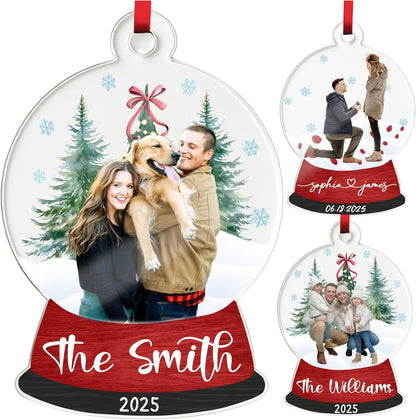 Personalized Christmas Photo Ornament, Custom Acrylic Snow Globe Keepsake with Name, Year & Picture, Holiday Tree Decoration Gift for Couples, Family, Wedding, Engagement, Pet Memorial