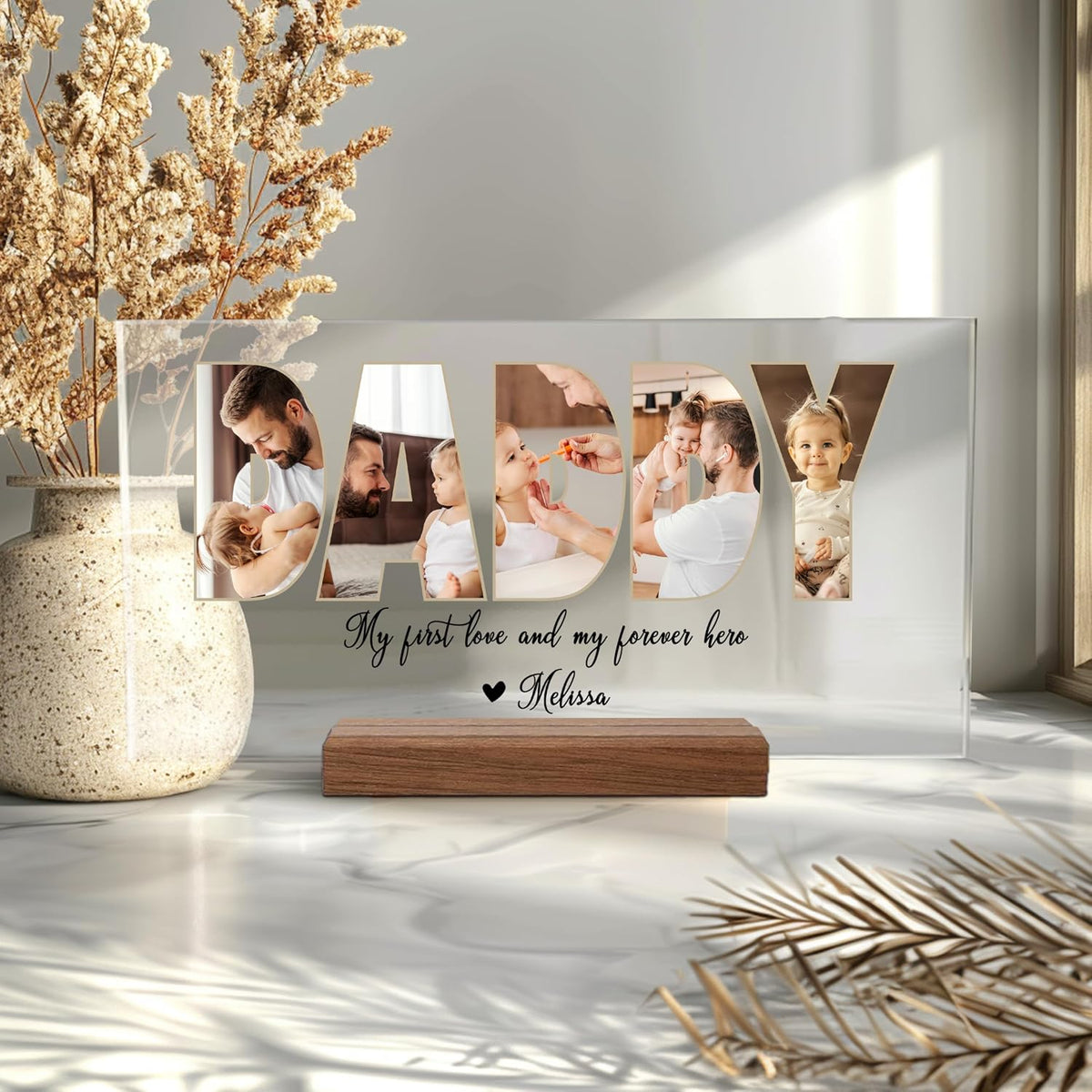 Personalized Father's Day Acrylic Photo Sign with Custom Text – Unique Christmas Gift for Dad, Grandpa, Papa – Custom Keepsake Plaque for Him from Kids – Clear Desktop or Shelf Home Décor