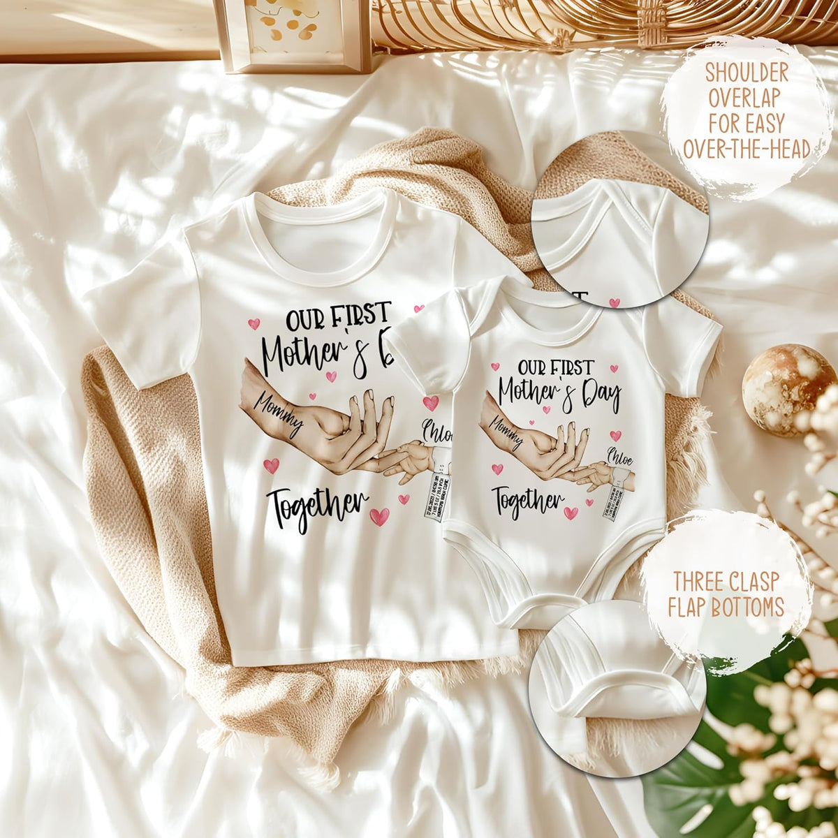 Zexpa Apparel Personalized Clasping Hands Design Our First Mother’s Day Matching Shirt & Bodysuit Set - Custom Mom and Baby Girl Outfit - Customized Mommy and Baby Boy Matching T-Shirts