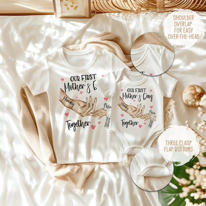 Zexpa Apparel Personalized Clasping Hands Design Our First Mother’s Day Matching Shirt & Bodysuit Set - Custom Mom and Baby Girl Outfit - Customized Mommy and Baby Boy Matching T-Shirts