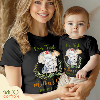 Personalized Our First Mother’s Day Matching Set – Custom Baby Bodysuit & Shirt – Gift for New Mom, Baby Shower, Mother's Day