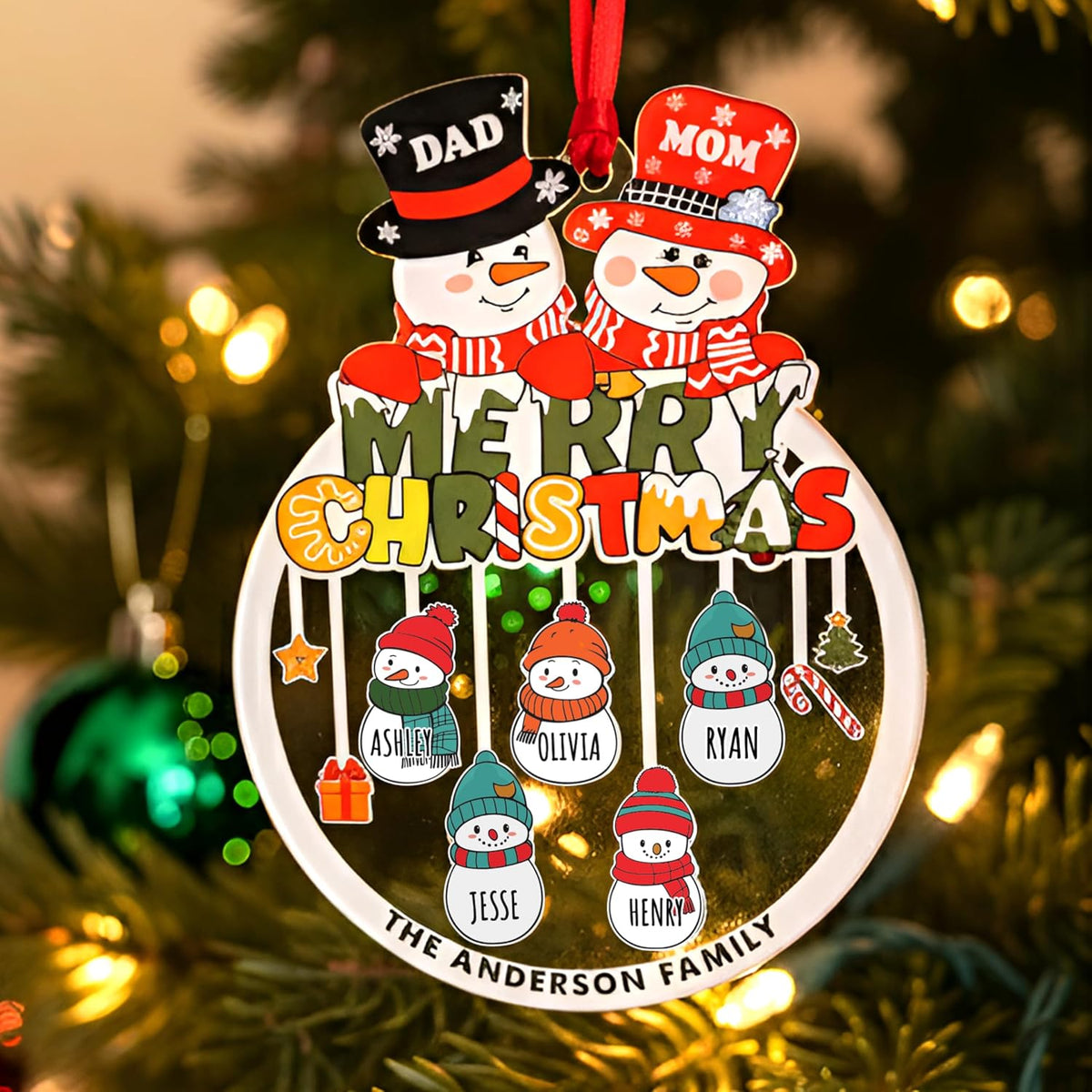 Family Christmas Ornament with Names – Personalized Snowman Family Tree Decoration – Custom Parents & Kids Name Ornament with Surname – Holiday Keepsake for Mom, Dad, Grandparents, Grandkids