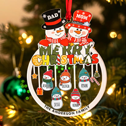 Family Christmas Ornament with Names – Personalized Snowman Family Tree Decoration – Custom Parents & Kids Name Ornament with Surname – Holiday Keepsake for Mom, Dad, Grandparents, Grandkids