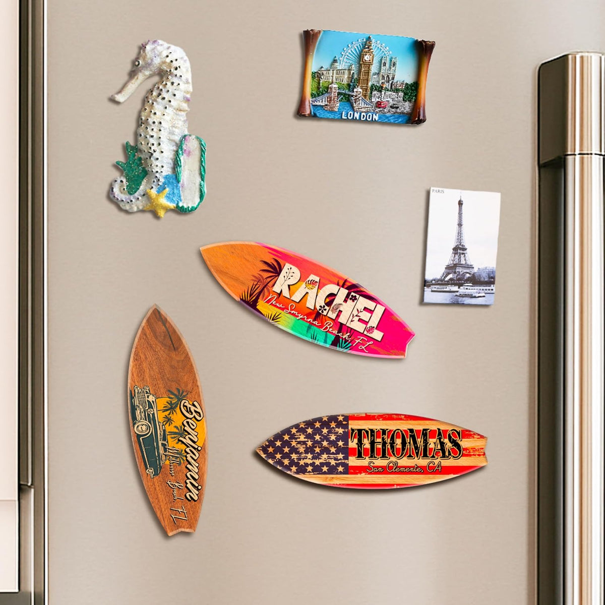 Personalized Acrylic Surfboard Magnet with Name & Beach Location – Custom Tropical Fridge Magnet Gift for Summer Vacation, Beach House Souvenir, Coastal Decor or Birthday for Surfer, Traveler, Friend