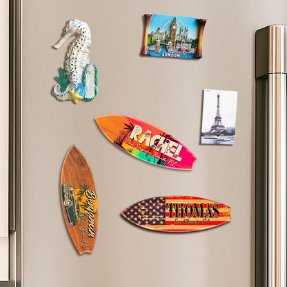 Personalized Acrylic Surfboard Magnet with Name & Beach Location – Custom Tropical Fridge Magnet Gift for Summer Vacation, Beach House Souvenir, Coastal Decor or Birthday for Surfer, Traveler, Friend