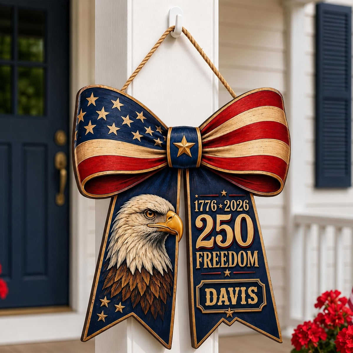 Personalized Eagle Patriotic Door Sign for Front Door, Custom Family Name America 250th Anniversary Wooden Door Hanger, USA 1776-2026 Independence Day 4th of July Wall Decor