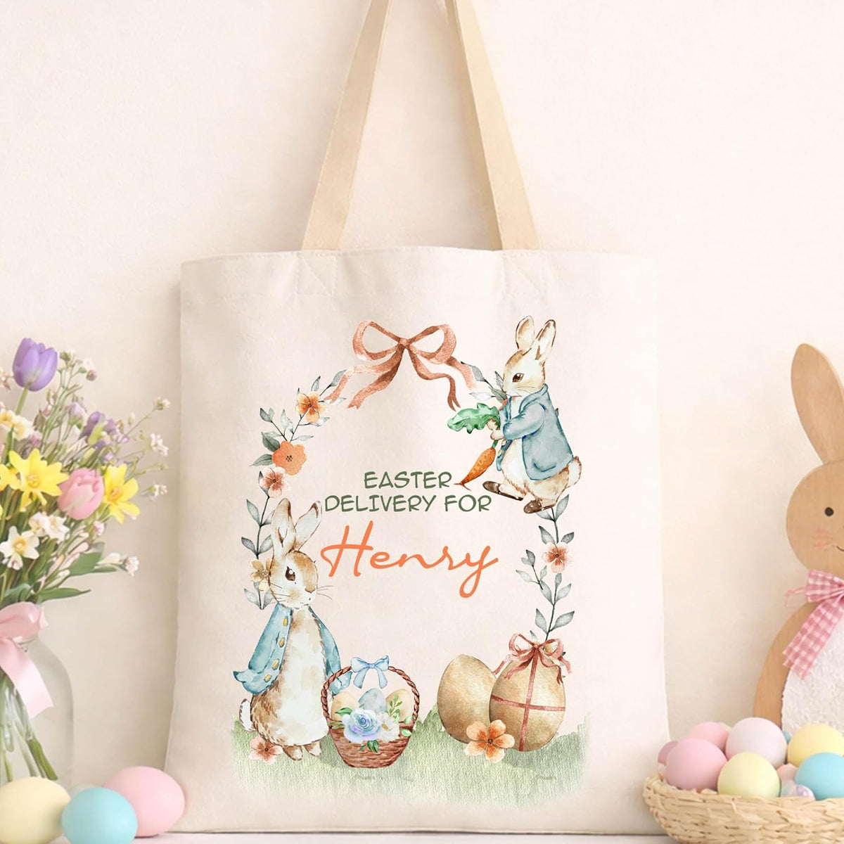 Easter Tote Bag Personalized, Easter Basket Alternative with Name, Delivery For Custom Name Bunny Bag, Kids Egg Hunt Tote, Spring Gift Bag for School Party, Reusable Tote