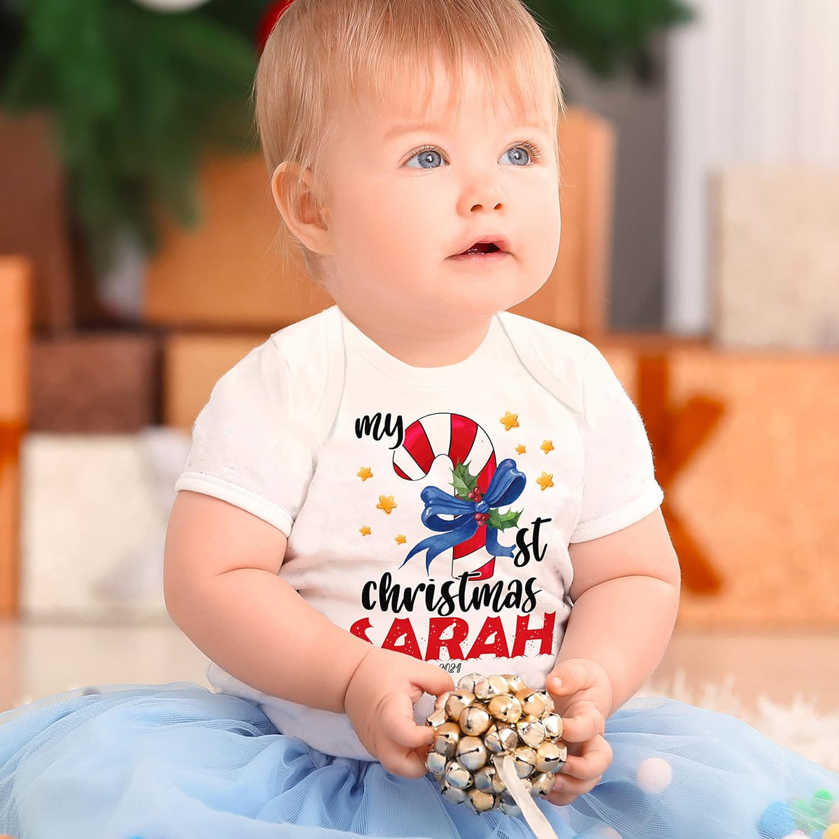 Personalized Baby Boy Christmas Onesie with Name, Custom My First Xmas Gift